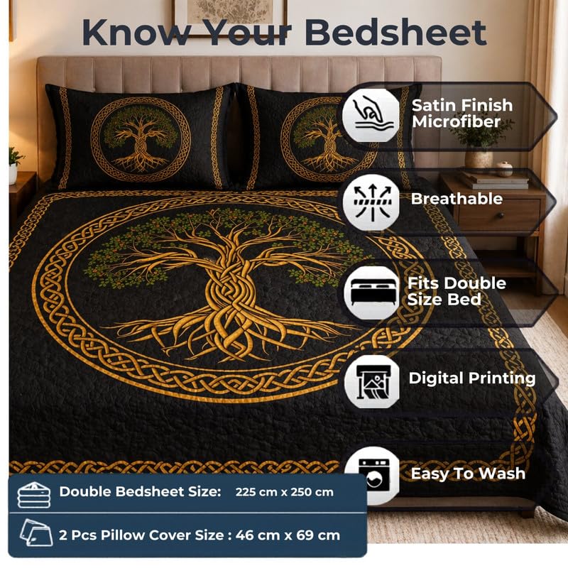 Image of Akshya Double Bedsheet King Size (90x100 Inch) with 2 Pillow Covers | 300 TC Microfiber Soft Bedsheet | Grey Tree Nature Printed Bedsheet for Double Bed