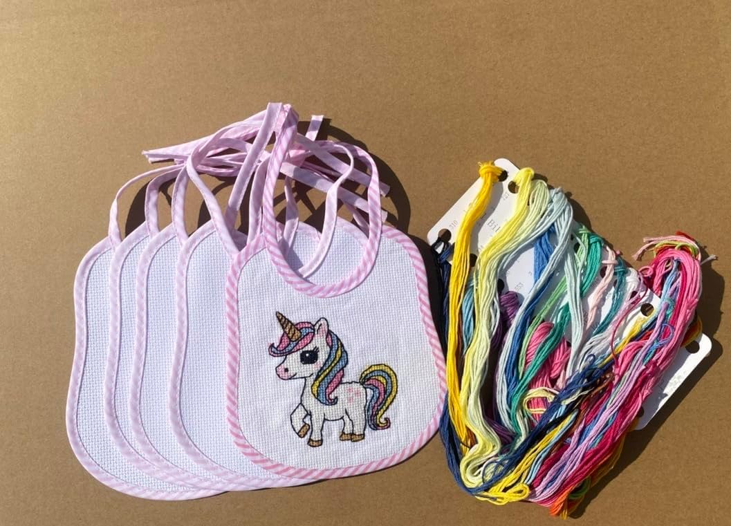 Cross stitch bib kits of 5pcs blank cotton 14ct aida fabric with patterns and hoops to quick start for expecting mom stress relief to make personalized welcome gift to new born in pink edge