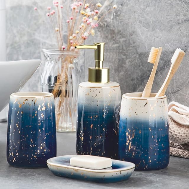 XUDREZ Bathroom Accessories Set- 4 Pcs Ceramic Bathroom Accessories Complete Set, Creative Blue-sky Design with 1 Soap Dispenser, 1 Toothbrush Holder, 1 Tumbler and 1 Soap Dish