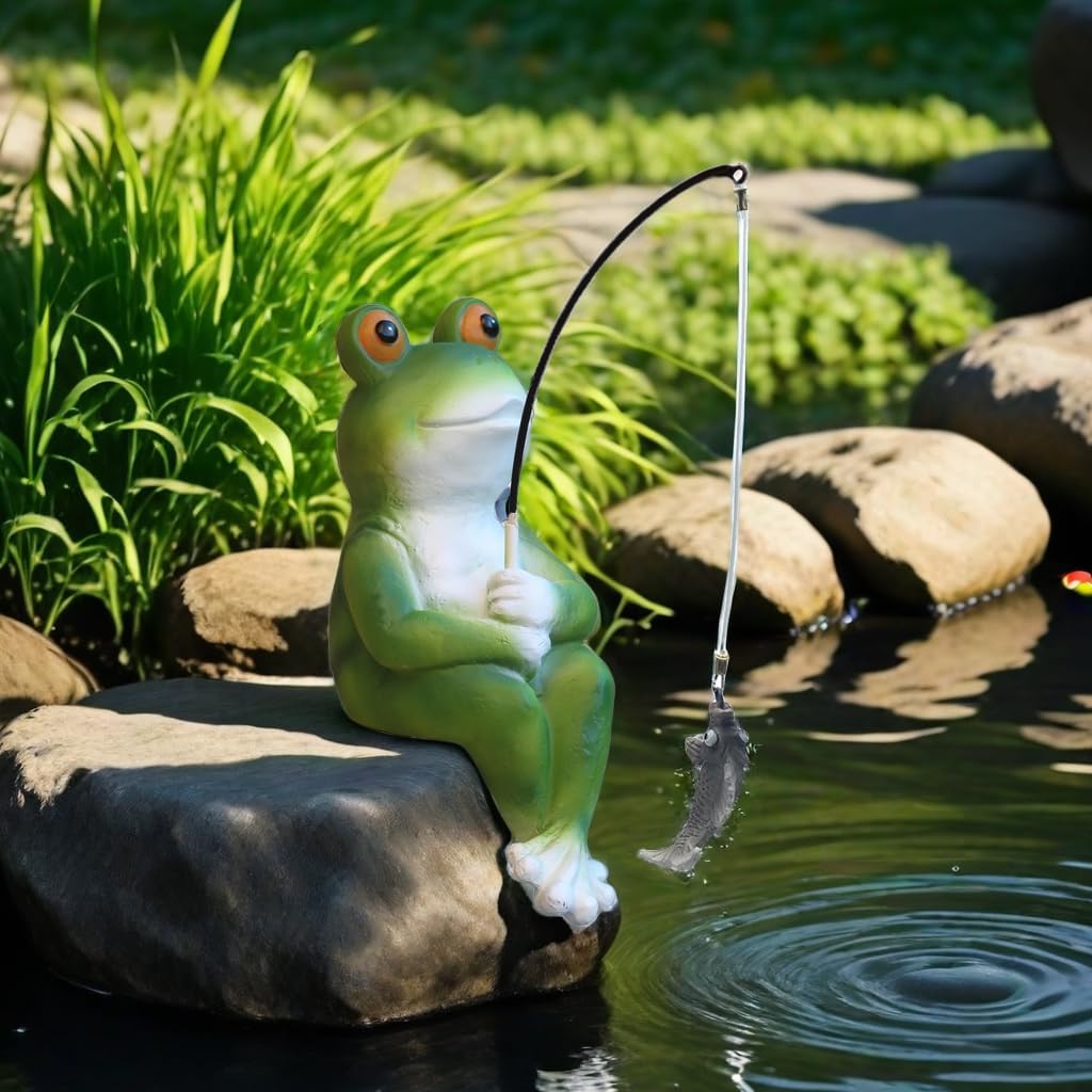 Garden Frog Pond Statue Decoration, Fishing Frog Garden Statue Outdoor Koi Pond or Waterfall Decor, 9.5" Frog Figurine Fishing Poolside Statue, Frog Gifts for Mom