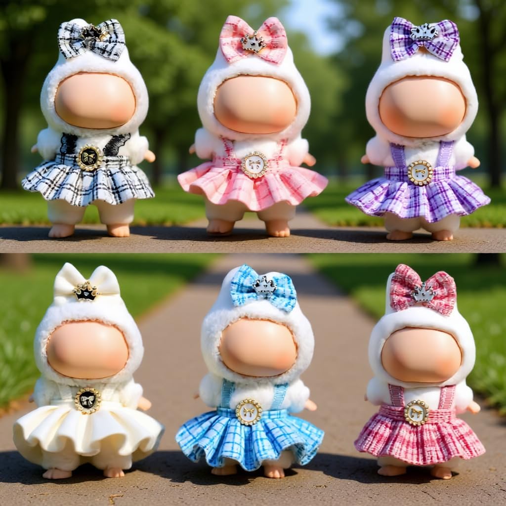 (6 Pack) Clothes for LABUBU 17cm Doll (NO Doll), Outfit for LABUBU, Dress and Hairpin Set for LABUBU Dress Up, Fashion and Premium Dolls Accessories for LABUBU