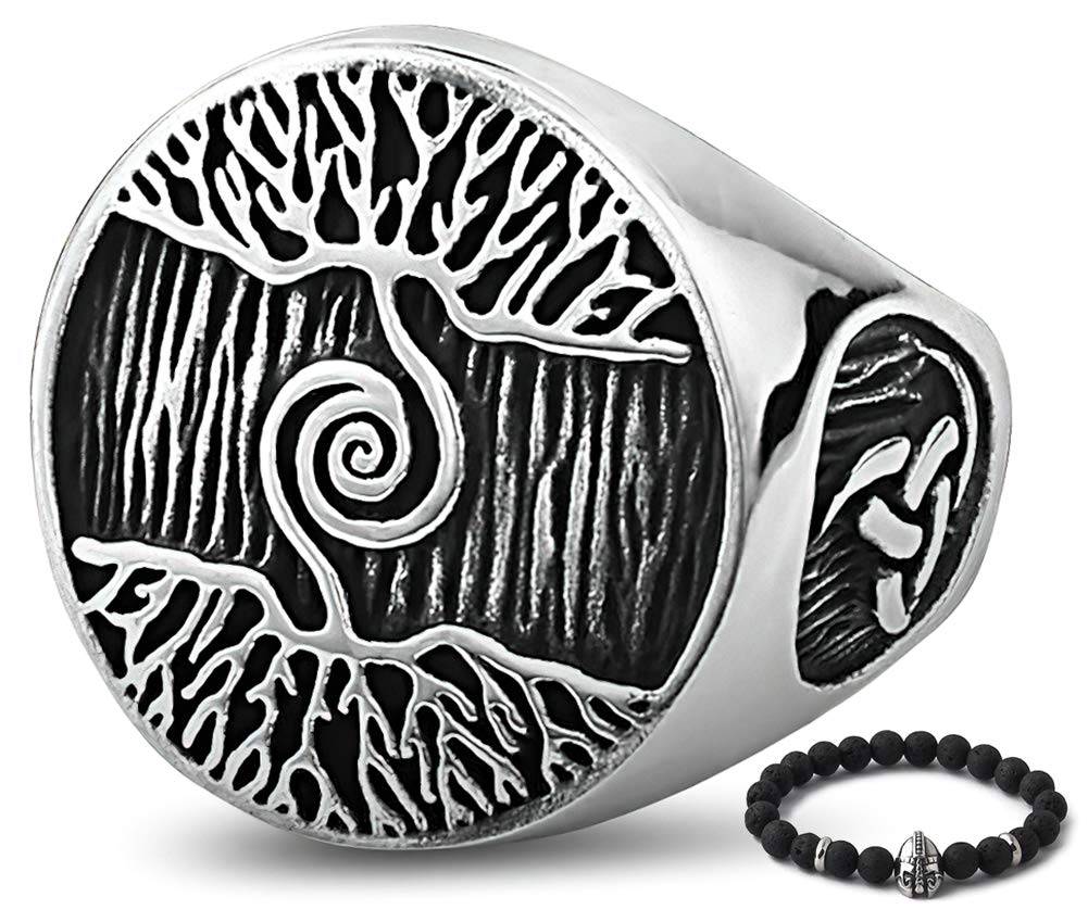 BAVIPOWERViking Vegvisir Norse Compass Valknut Symbol of Odin Tree of Life Yggdrasil Helm of Awe Rune Stainless Steel Nordic Ring for Men