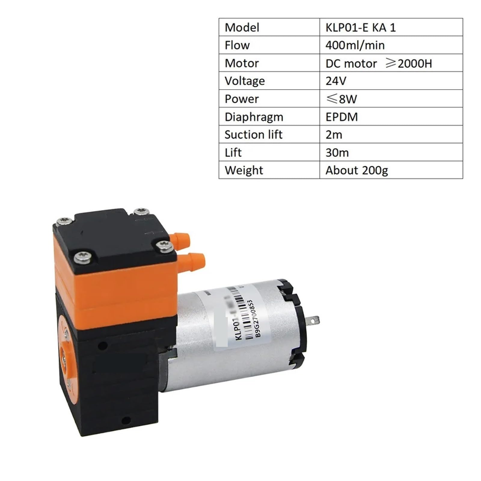 Bombas de Membrana de Alta presión Bombas sumergib Bomba de líquido de diafragma de Alto caudal KLP01 Mi ni de 400 ml/min, Motor de 12 V y 24 V CC, presión de líquido de 3 Bar for Laboratorio y Aguas