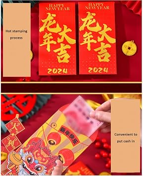 SYALEO 6pcs 3D Dragon 2024 Red Envelopes Chinese New Year Bronzing Three-dimensional Red Packet 3D Pop Up Lai See Lucky Money Envelopes Spring Festival Party Hong Bao
