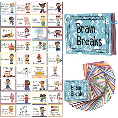 MotiMind 51 Pcs Brain Break Activity Cards with 2 Reclosable Rings Pocket Exercise Cards Classroom Flashcards Back to School Indoor Recess Games for Classroom Physical Gym Learning Kids Gifts