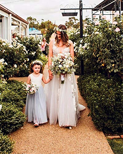 2Bunnies Girl Peony Lace Back A-Line Straight Tutu Tulle Party Flower Girl Dresses (Light Gray Sleeveless Maxi, 12-14Yrs) #TOP2