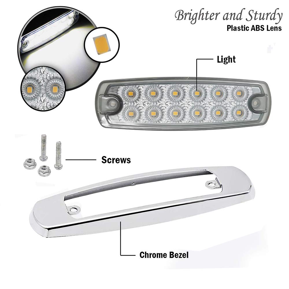10 x 6,3 cala 12 V LED boczny obrysowy światło 12 diod LED do przyczepy, uszczelnione bursztynowe prostokątne 12-LED znacznik i światła prześwitujące z chromowaną ramą (białe)