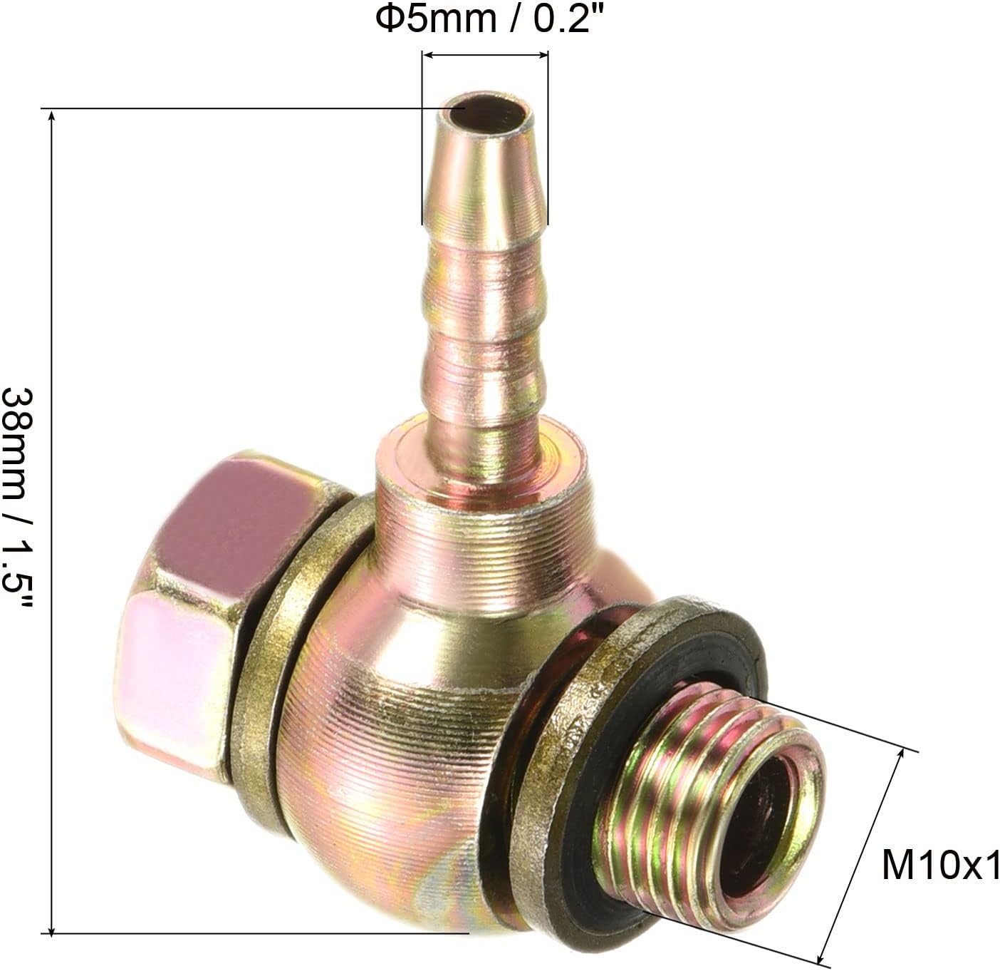 PATIKIL Hose Barb Fitting Elbow 5mm Barbed M10x1 Male Thread, Carbon Steel Pipe Adapter Connector for Air Water Fuel Oil, Gold