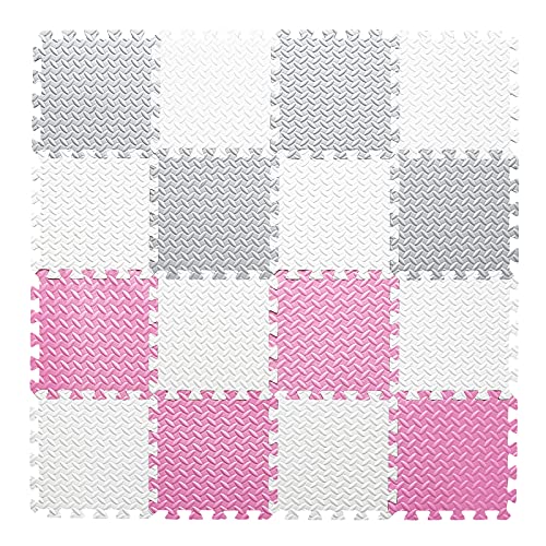 Tamiplay 16 Tiles Foam Play Mat, 0.4 Inch Thick Foam Interlocking Floor Mats, Soft Eva Baby Play Mat, Solid Colored Puzzle Play Mat Kids Floor Mats For Toddler With Storage Bag(White/Light Gray/Pink) #TOP1