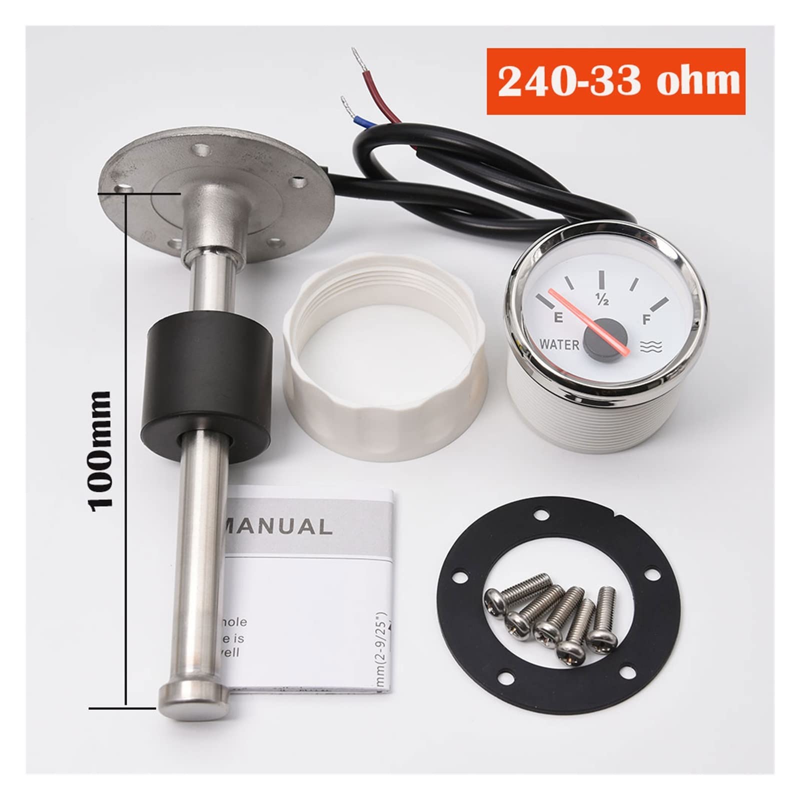 Wskaźnik poziomu wody, 52mm wskaźnik poziomu wody z czerwonym światłem 240-33ohm wskaźnik poziomu wody w zbiorniku miernik z czujnikiem poziomu paliwa 100MM 200MM 300MM 400MM(With 600mm Sensor)