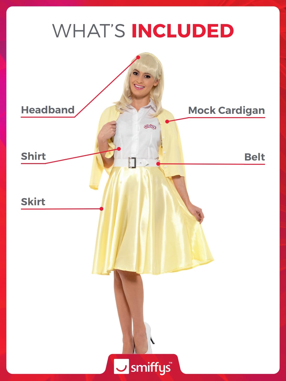 Grease Sandy Costume, Yellow, with Skirt, Shirt, Mock Cardigan, Belt &  Headband, (M) : Amazon.se: Fashion