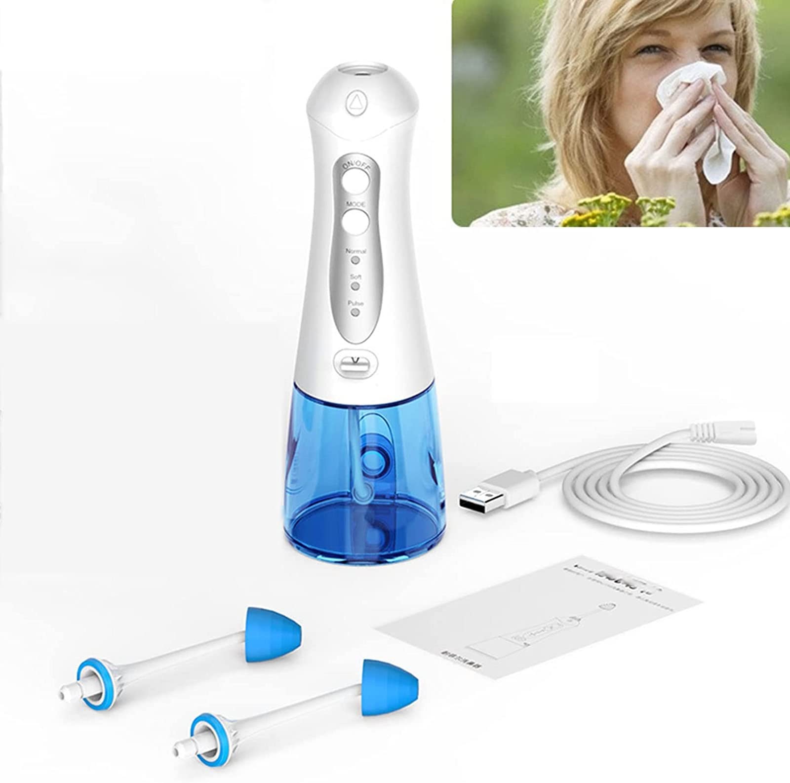 CEEBUS Máquina de Limpieza de Enjuague Nasal, Kit Portátil Impermeable de Enjuague Nasal con 4 Boquillas Limpiadoras, Pulso Recargable de Lavado Nasal para Alivio de Sinusitis y Alergias