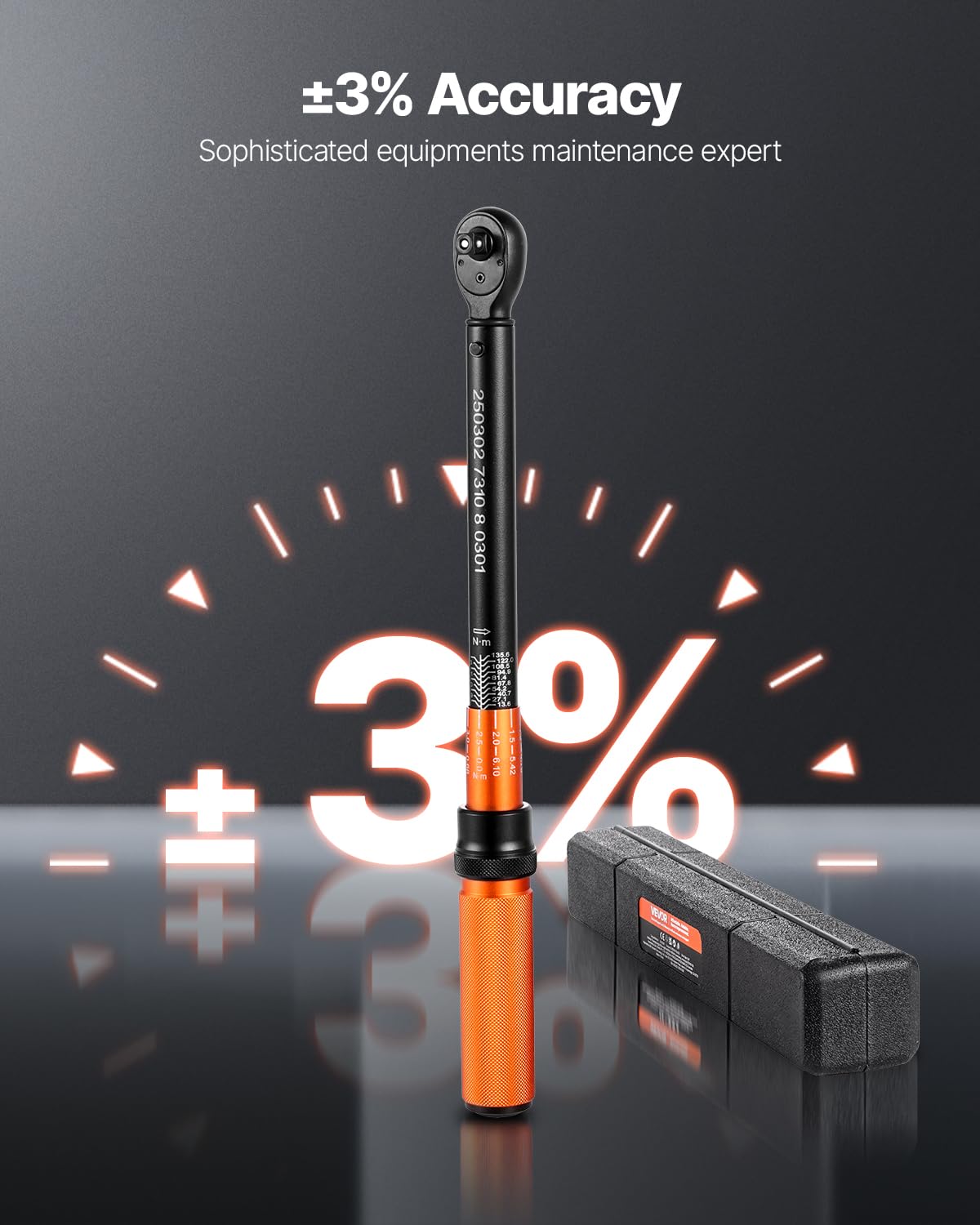 VEVOR Clé Dynamométrique à Déclenchement Entraînement 9,5 mm 13,6-135,6 N.m, Clé à Cliquet Bidirectionnelles avec Double Échelle, 72 Dents, avec Étui de Transport, pour Réparation Automobile