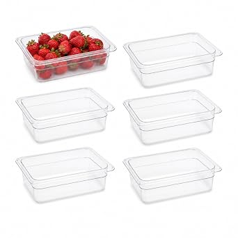 Hakka 6-Pack 1/2 Polycarbonate Food Pans, 2.5"Deep Food Storage Containers | Clear Steel Steam Table Pans Gastronorm Catering Food Containers for Restaurant, Hotel, Buffet,Party