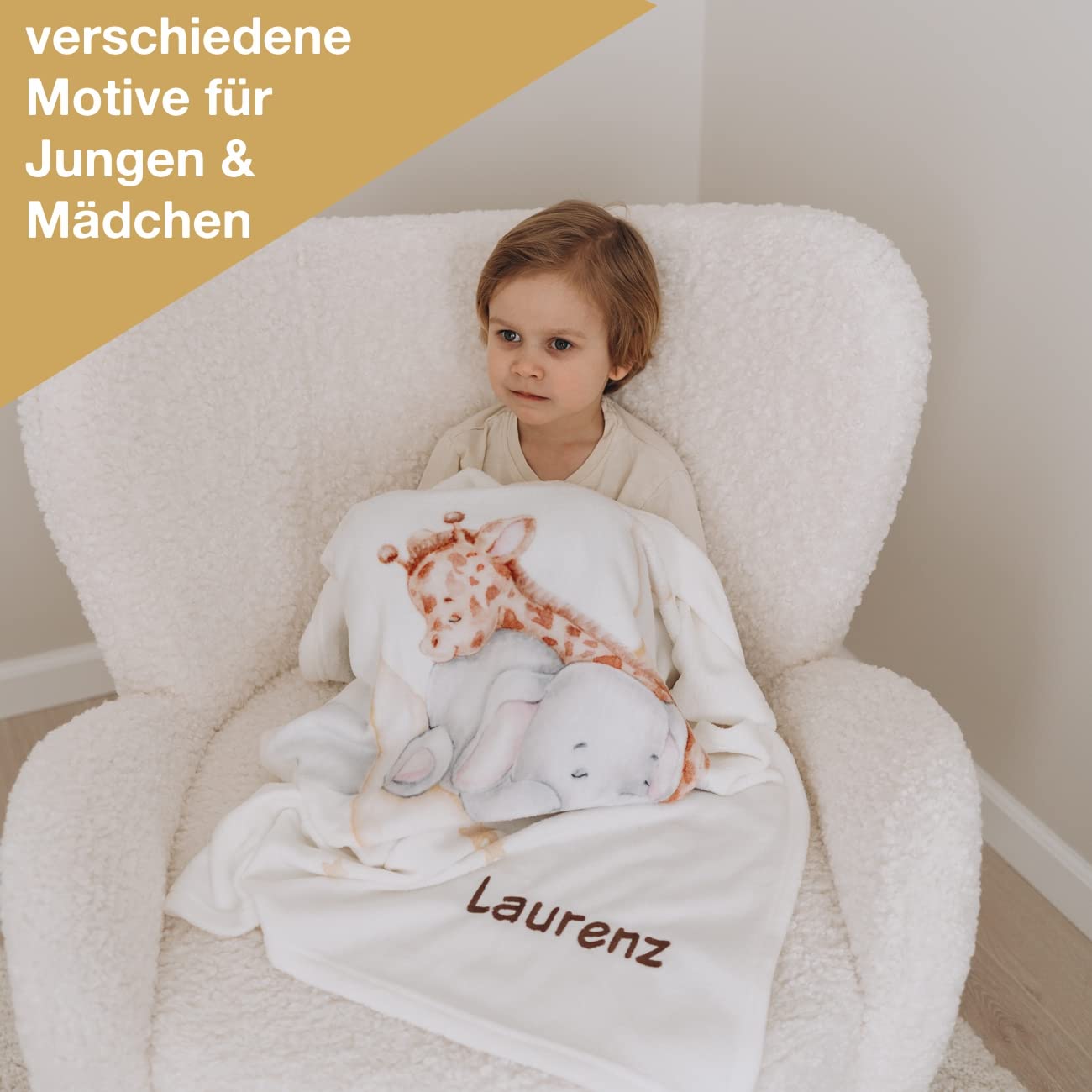 Wolimbo Babydecke - 75x100cm - Motiv Little Friends - personalisierbar - Krabbeldecke mit Wunsch Name/Motiv - Kinderdecke - Geschenk zur Taufe, Geburt, Geburtstag