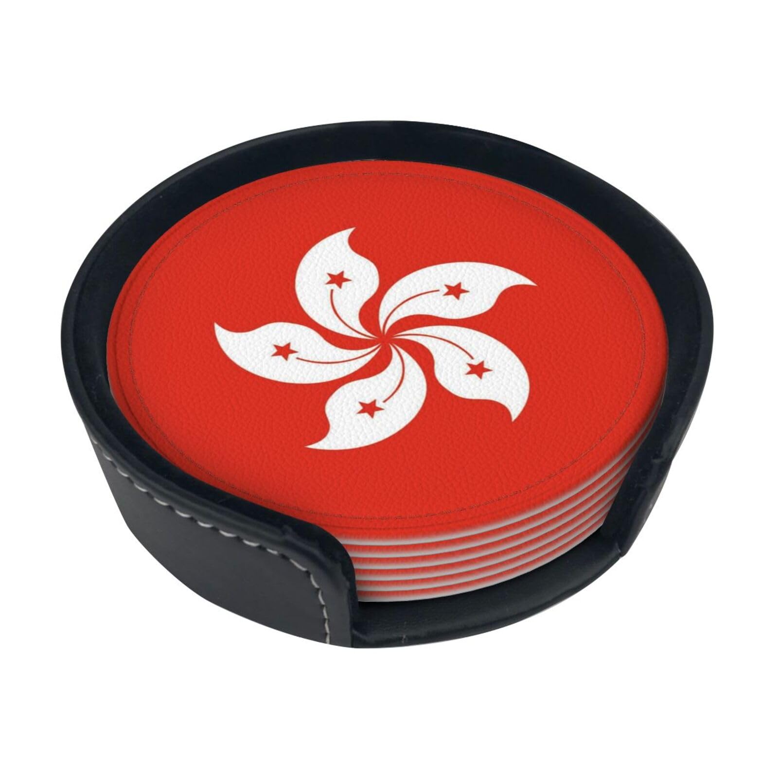 Hong Kong Regional Flag Leather Coasters-Set of 6 with Storage Holder