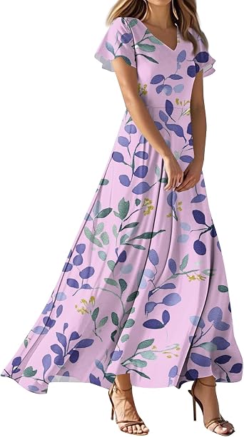 Kenvina Summer Dresses for Women Floral Print Short Sleeve Dress Casual Maxi Dress V Neck Flowy Swing Beach Vacation Dress
