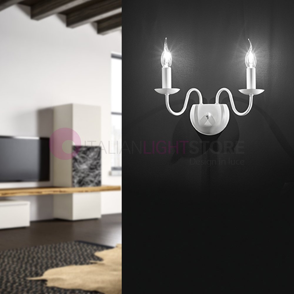 FIAMMINGO LAMPADA PARETE 2 LUCI BIANCO OPACO 2XE14 STILE PROVENZALE CLASSICO RUSTICO COUNTRY CHABBY CHIC