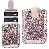 Fusicase Credit Card Holder for Back of Phone Glitter Card Wallet Stick with Card Slot PU Leather Pocket Pouch Sleeve with Bling Sparkle Shiny Design Cute Sticker Wallet for Phone Case Rose Gold