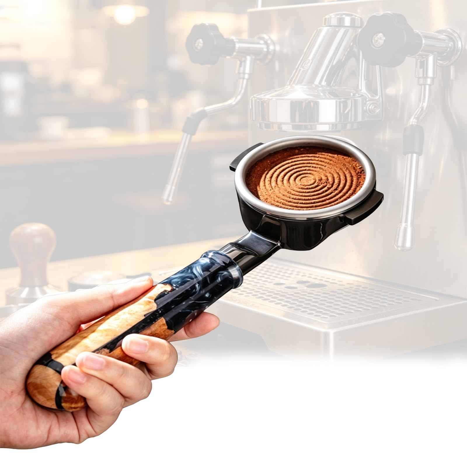 Portafiltro sin fondo E61, portafiltro de café de acero inoxidable de 18 g con mango de madera de resina, accesorio profesional para máquina de café espresso para baristas domésticos y cafeterías