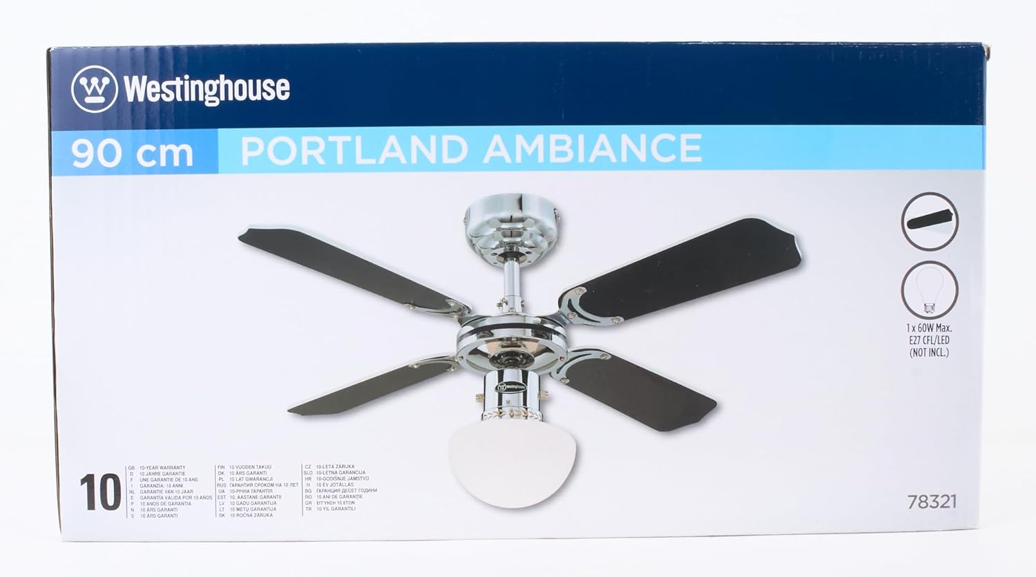 Westinghouse Lighting Portland Ambiance, Deckenventilator mit Beleuchtung, Metall, Ausführung in Chrom mit Wendeflügeln in Weiß/Schwarz