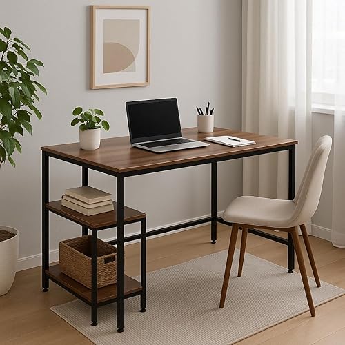 Miniatura 7 de Escritorio de computadora moderno e industrial, escritorio de oficina en casa con estantes de almacenamiento, mesa de estudio de madera para