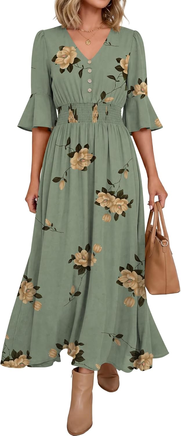 ANRABESS Womens Maxi Dress 2026 Summer Boho Ruffle Sleeve V Neck A Line Elastic Waist Flowy Wedding Guest Party Long Dresses