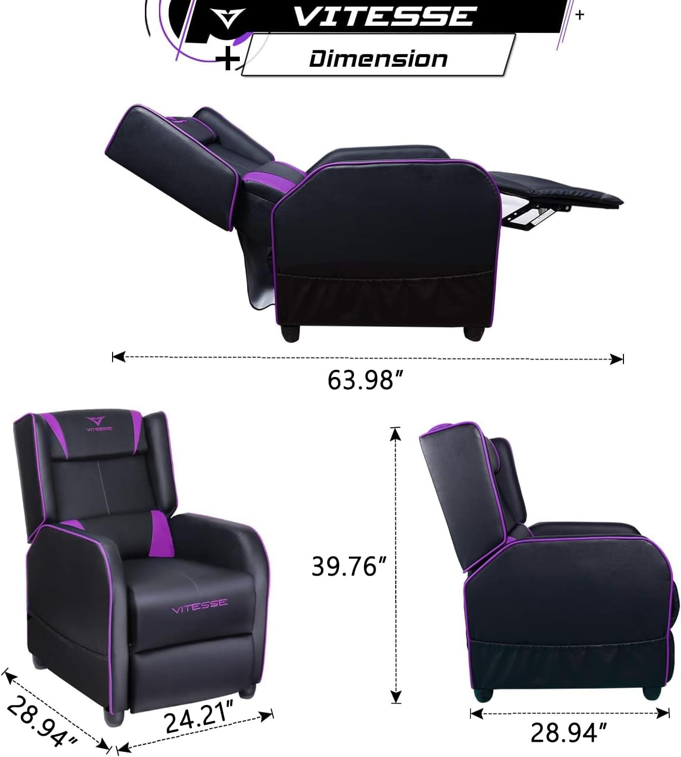 VITESSE Gaming Recliner Chair Racing Style Single PU Leather Sofa Modern Living Room Recliners Ergonomic Comfortable Home Theater Seating, Purple