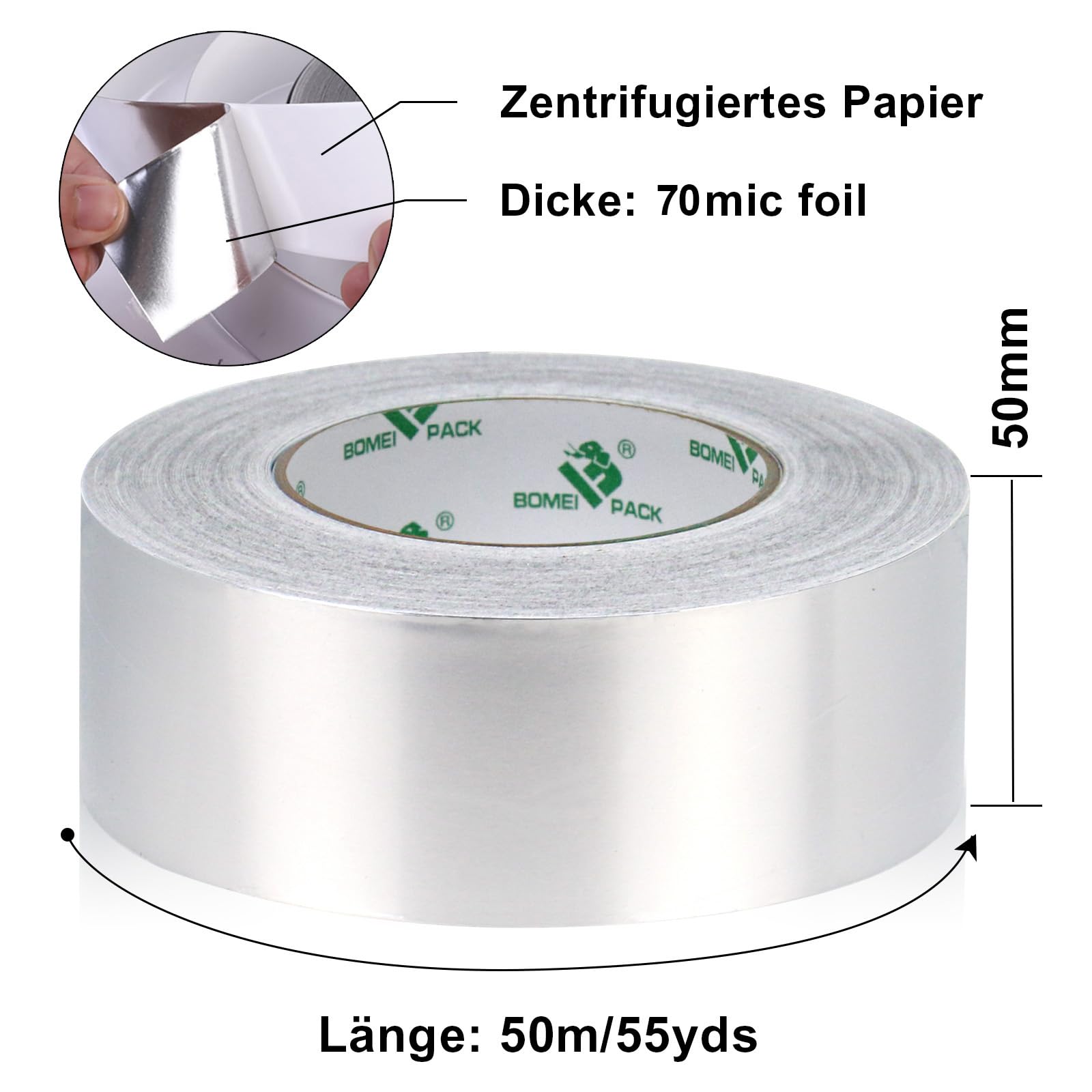 BOMEI PACK Banda adesiva in alluminio, 4 rotoli da 50 mm x 50 m, nastro autoadesivo in alluminio, impermeabile e resistente al calore, per sigillare, riparare e isolare