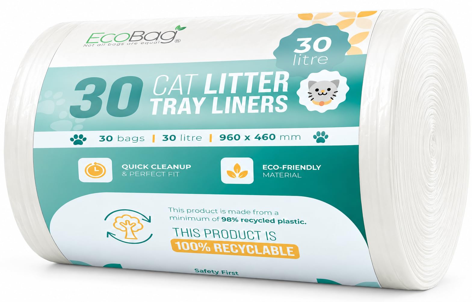 Ecobag 30 Pack Cat Litter Tray Liners – XL 30 Litre, 27 Micron Extra-Thick Leak-Proof & Odour Control Bags – Scratch Resistant, Heavy Duty, Fits Large & XL Litter Trays – Eco-Friendly, 960 x 460mm