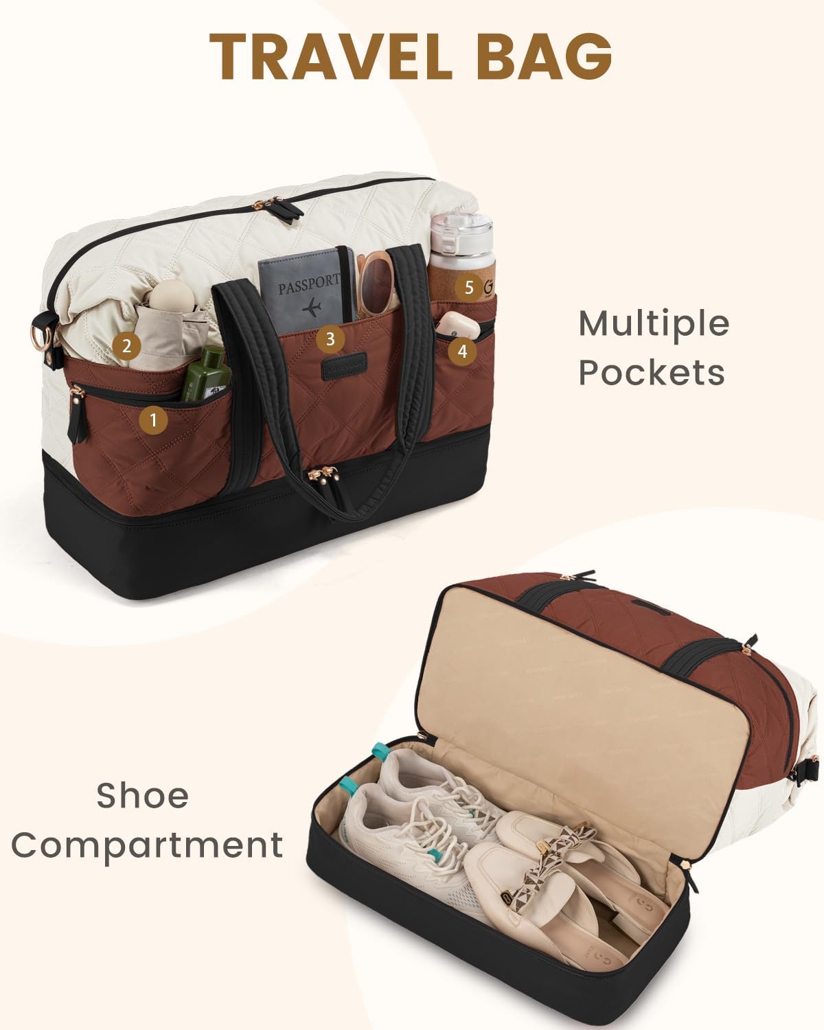 LOVEVOOK Travel Duffle Bag, Lightweight Weekender Bags for Women with Shoe Compartment, 40L Puffer Gym Bag Personal Item Travel Bag, Carry On Overnight Bags and Hospital Bag for Labor and Delivery - Image 7