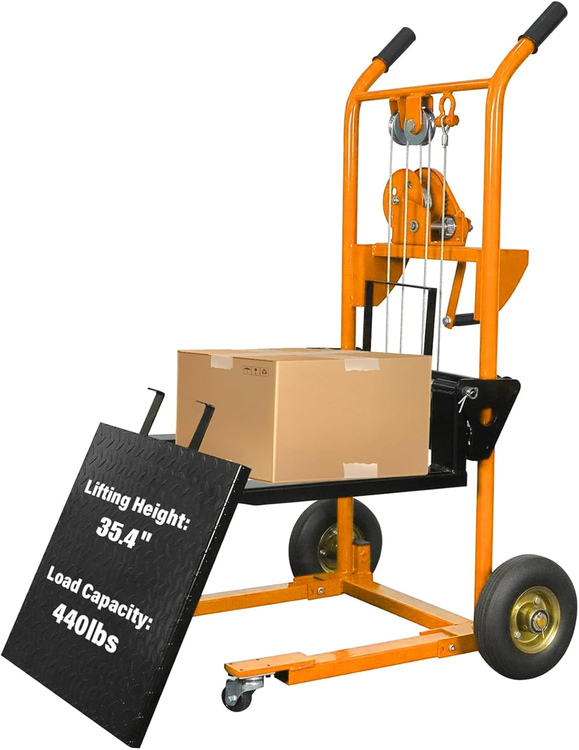 Tory Carrier Material Lift Winch Stacker, 440 lbs Capacity Pallet Stacker, 35.4" Lifting Height, Pallet Truck Dolly, Swivel Casters Lift Table Cart, Forklift with Steel Platform(Yellow)