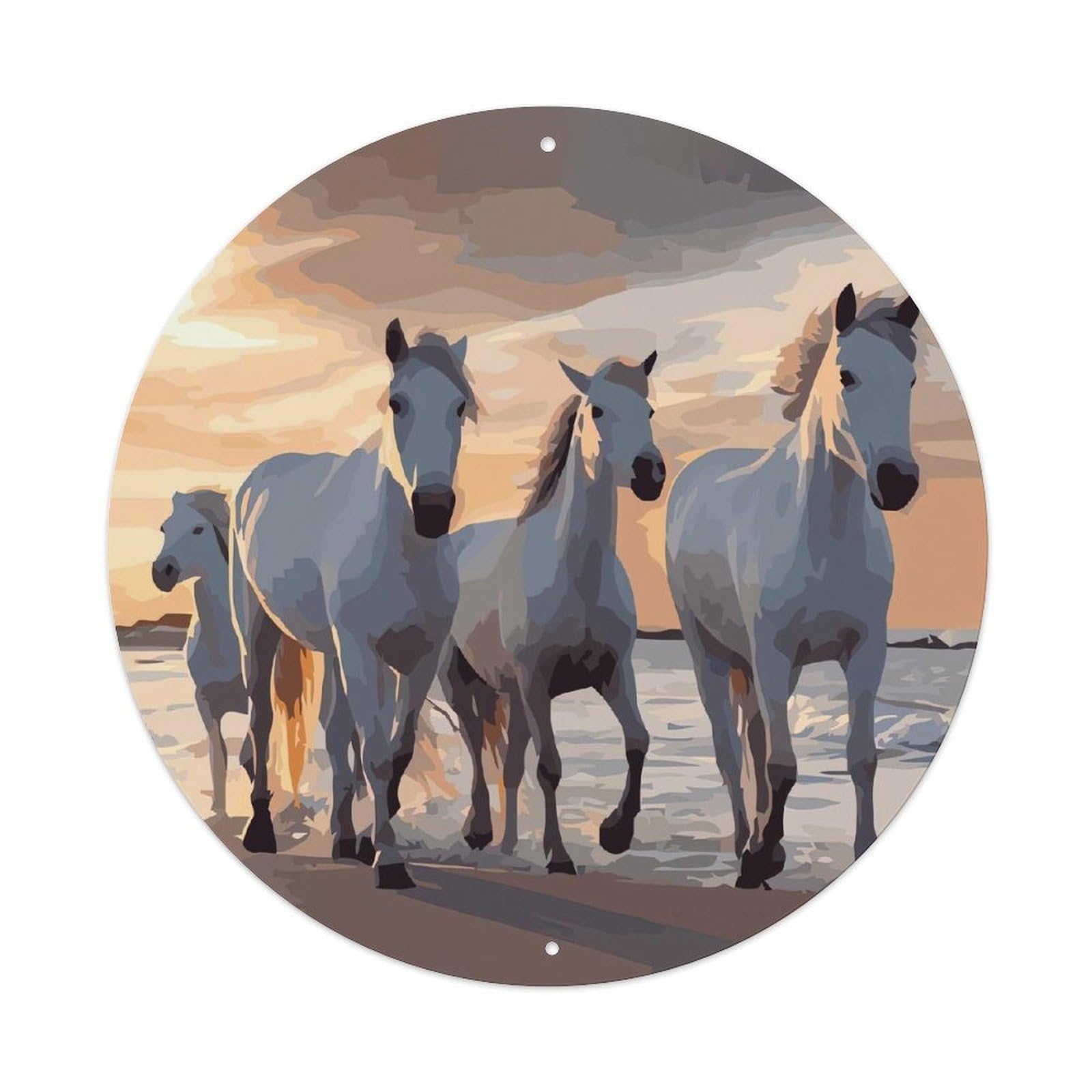 Animal Artwork Four White Horses by The Sea Vintage Metal Tin Sign Plaque Wall Decor for Cafe, Club Bar, Office, Garden Metal Poster 8x8Inch