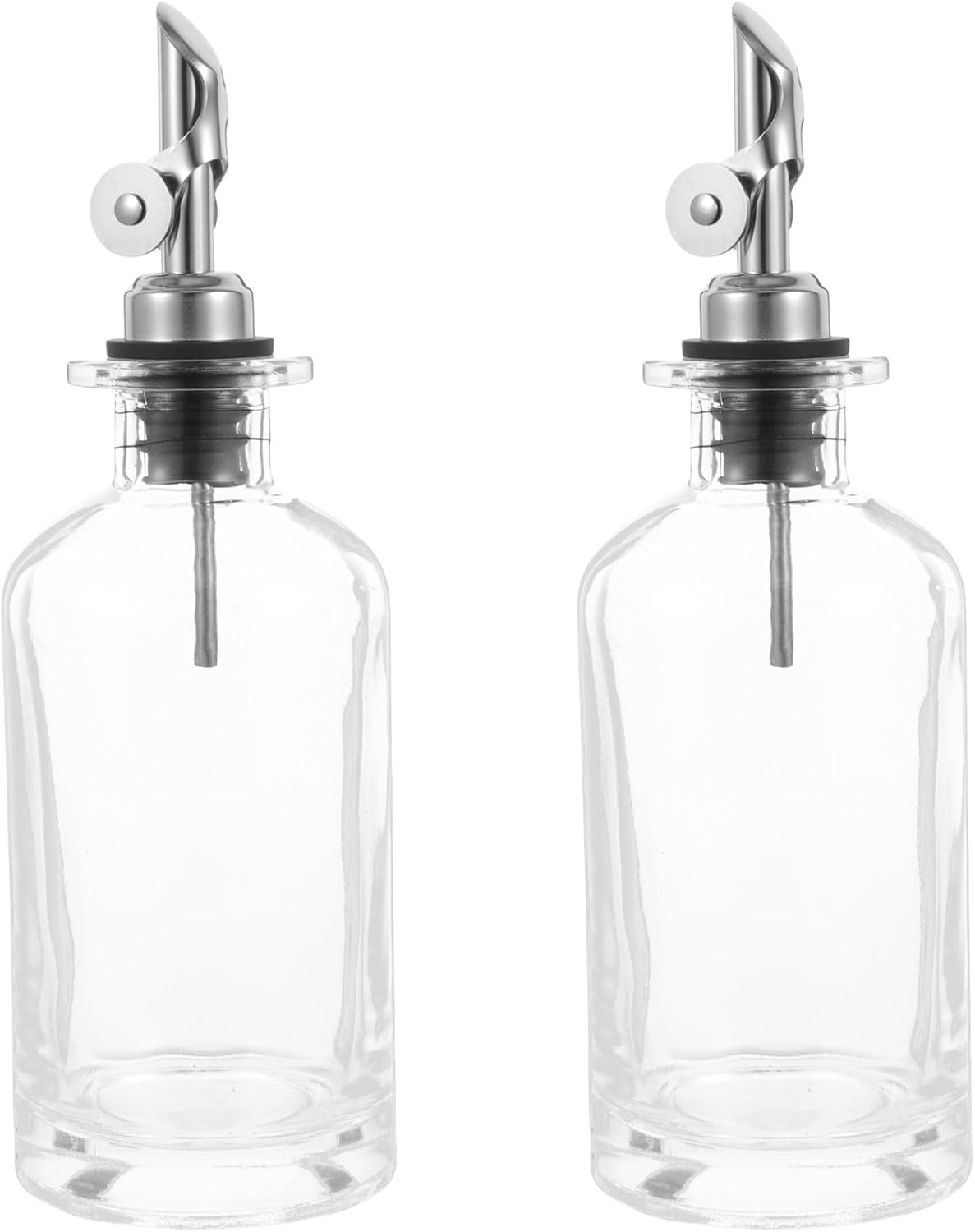 GARVALON 2pcs Kitchen Oil and Vinegar Bottles 350ml Glass Dispensers with Silver No-drip Spouts Automatic Flip-top for Cooking and Dining