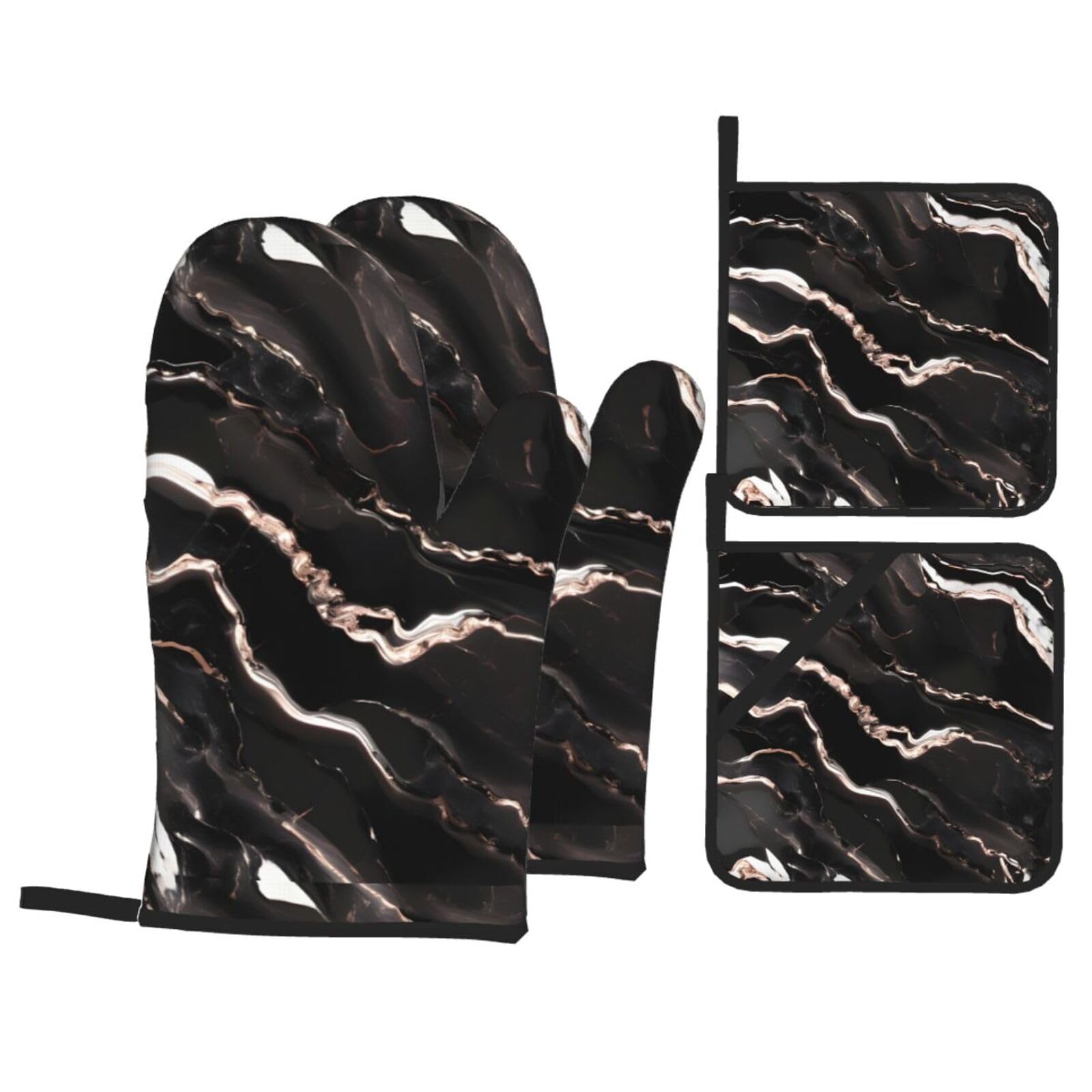 Ensemble cuisson marbre noir et or rose 4 pièces pour four et micro-ondes