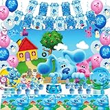Cartoon Blue Dog Birthday Party Supplies Decorations, Include Banner, Balloons, Hanging Swirls, Backdrop, Tablecloth, Cake Topper, Plates, Knives, Forks, Spoons for Blue Theme Party