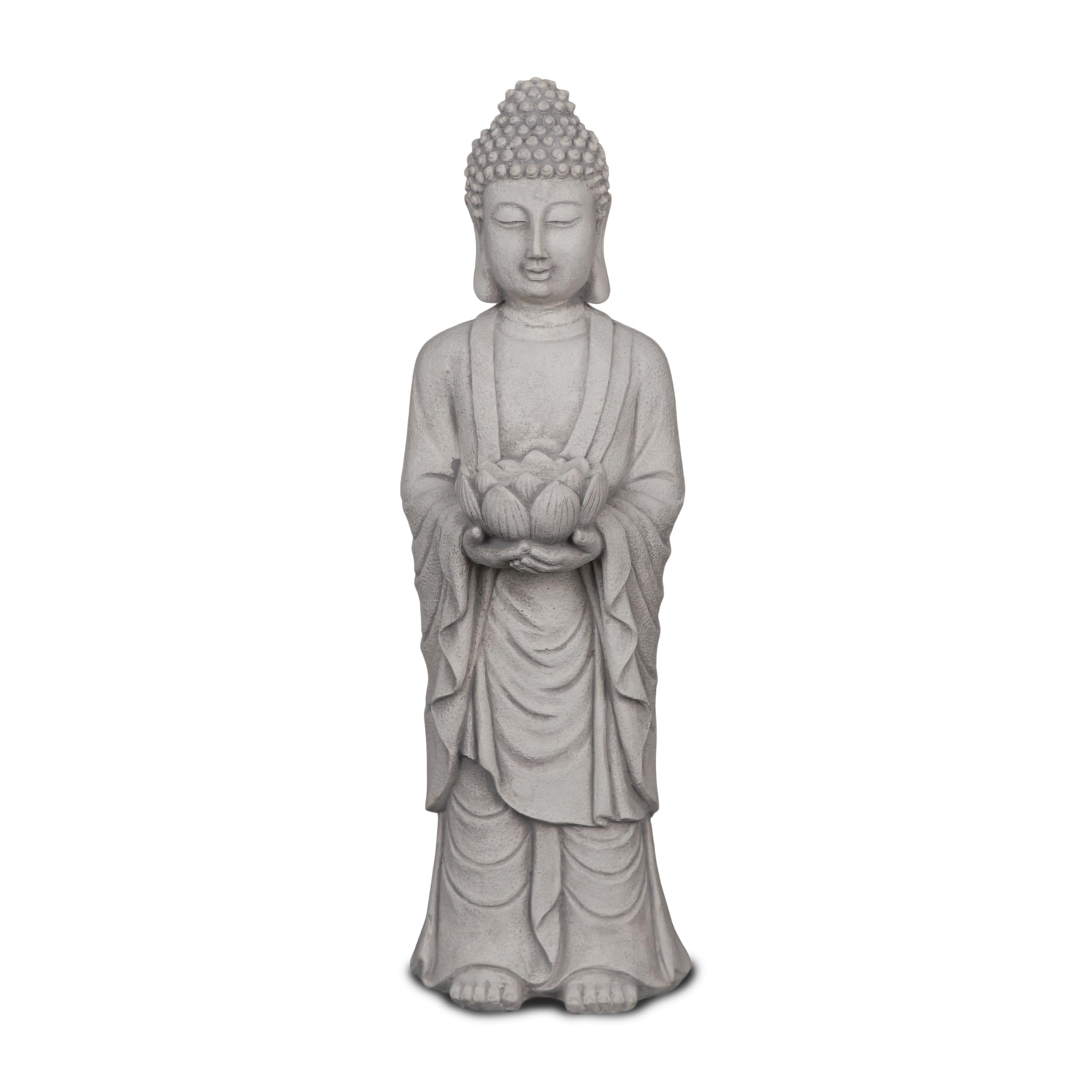 gartendekoparadies.de Buddha Statue aus Steinguss mit Lotusblüte, Grau, 45 cm, 7 kg, Frostsicher, für Garten und Innenbereich