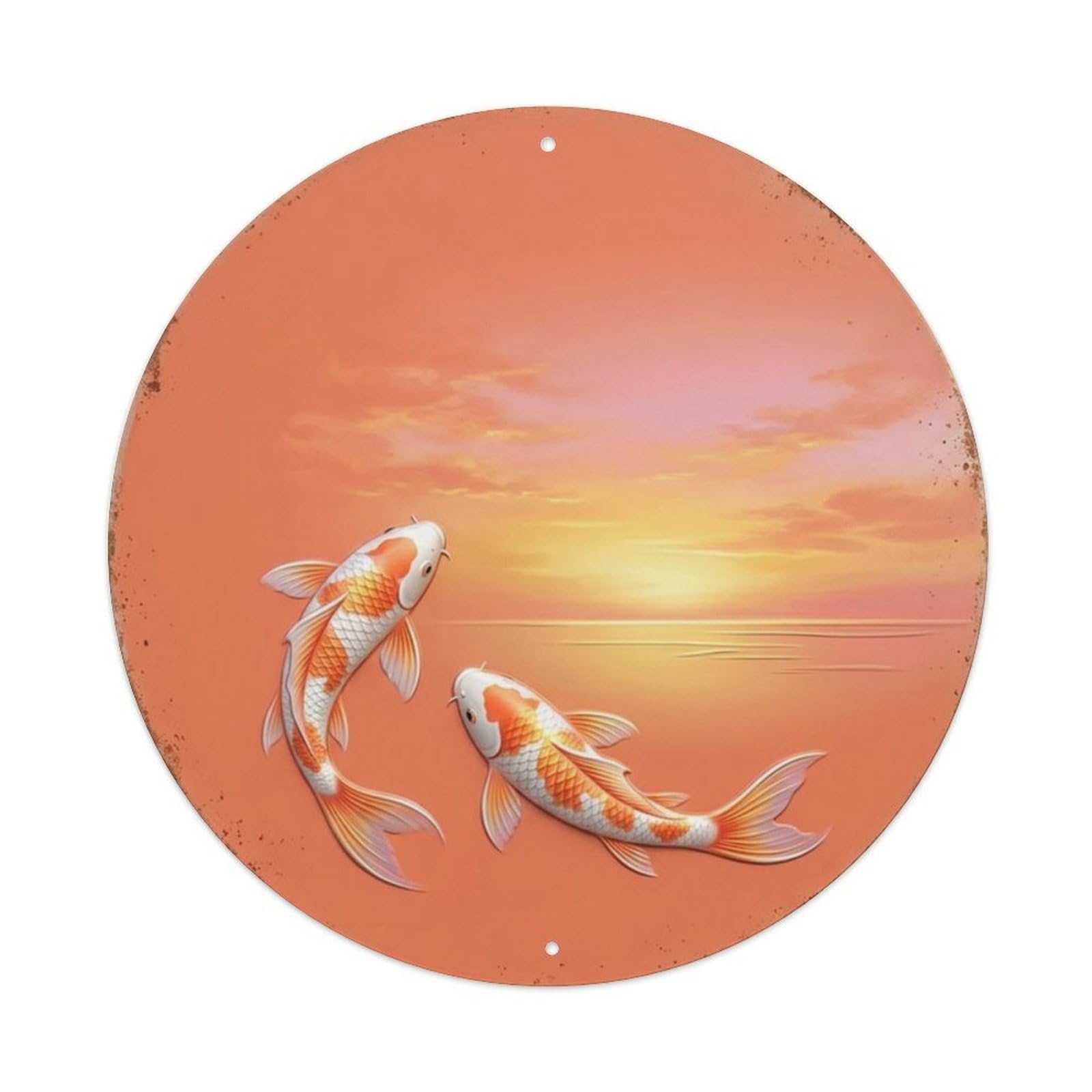 Fqcyn Style Koi Fish Coral Sunset Horizon Bedroom Metal Tin Sign Plaque Wall Decor For Cafe, Club Bar, Office, Home Garden Round Metal Poster 8X8inch