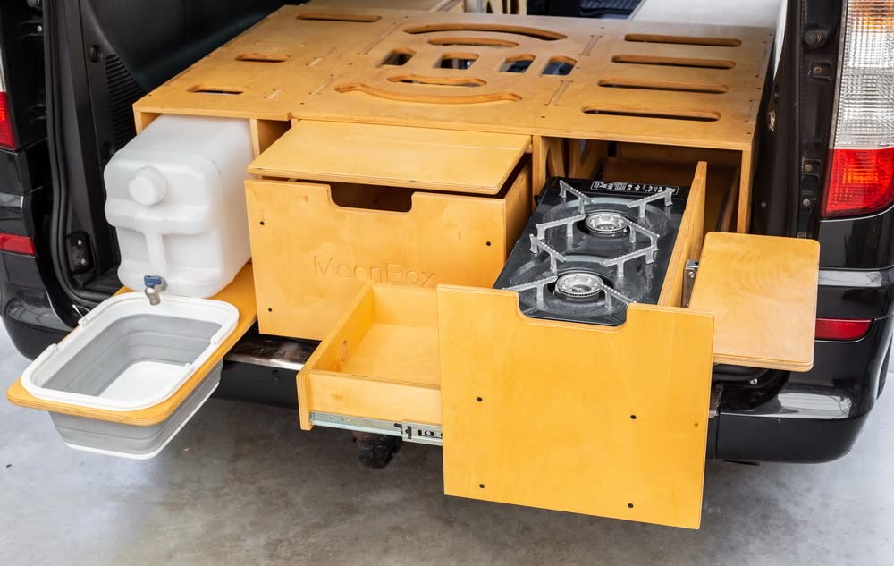 Moonbox Campingbox Modify Van/Bus 115cm Natur | mit Campingküche, Sitzplätze, Tisch, Bettfunktion/Schlafsystem | für Fahrzeuge mit Mind. 115cm Breite im Kofferraum