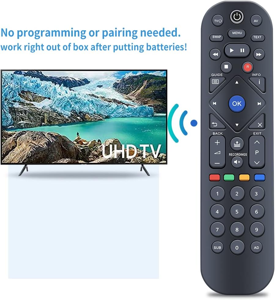 Remote control next to a TV screen, indicating no programming or pairing is needed