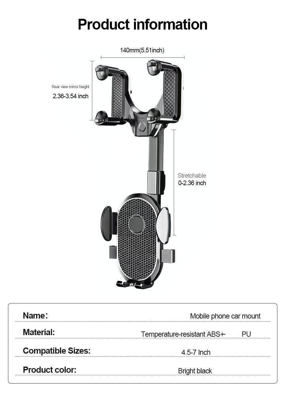 Porta Cellulare Auto Supporto per telefono cellulare con specchietto retrovisore per auto, retrattile a 360°, con clip per telefono, supporto GPS, mobile