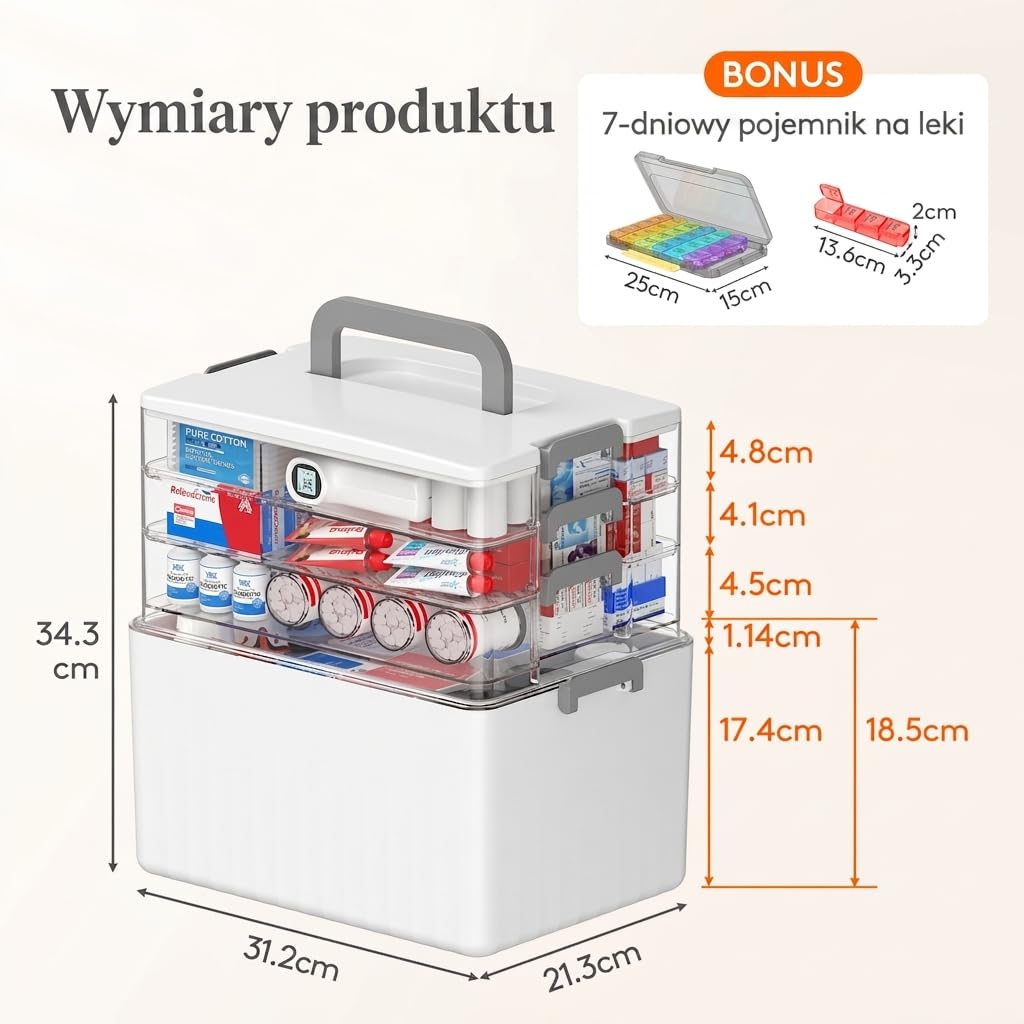 Lifewit Przenośna Apteczka, Pojemnik na Leki z Uchwytem na Butelki o Wysokości do 18 cm, Organizer na Leki do Domu, Biura, Szkoły, 4 Poziomy, Pudełkiem na Leki