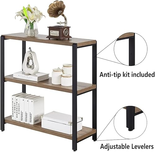 Miniatura 4 de FOLUBAN Estantería de 3 niveles, estantería industrial y estantes para libros, para dormitorio, madera rústica y metal, para oficina, roble