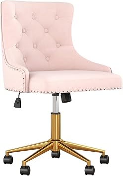Pink Velvet Armless Office Chair, Comfy High-Back Vanity Chair with Rivet