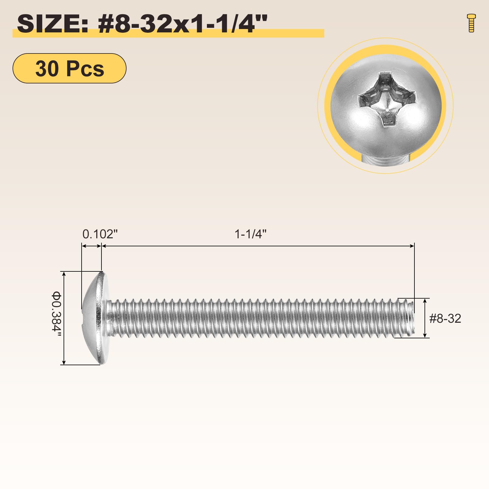 METALLIXITY Machine Screws Phillips Head(#8-32x1-1/4") 30Pcs, 304 Stainless Steel Round Head Phillips Drive Furniture Bolts - Image 2