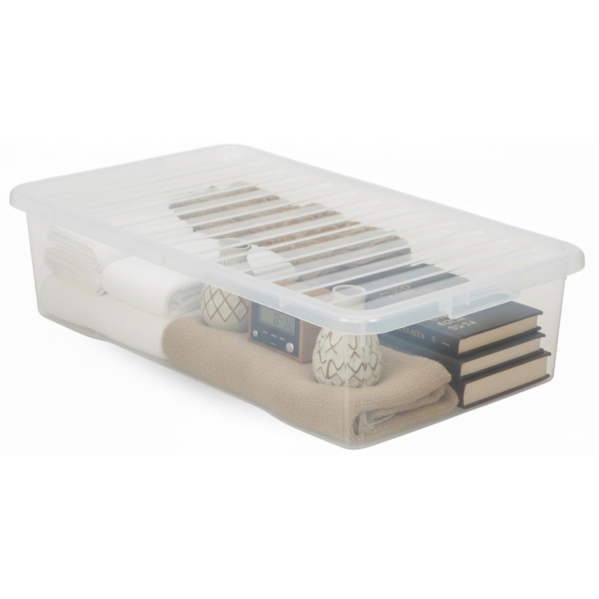 PD - Set of 1 43L Clear Under Bed Storage Box with Lid - Plastic Stackable & Nestable Slim Container - Strong Lightweight Space Saving Solution - Multipurpose Organiser for Home Storage