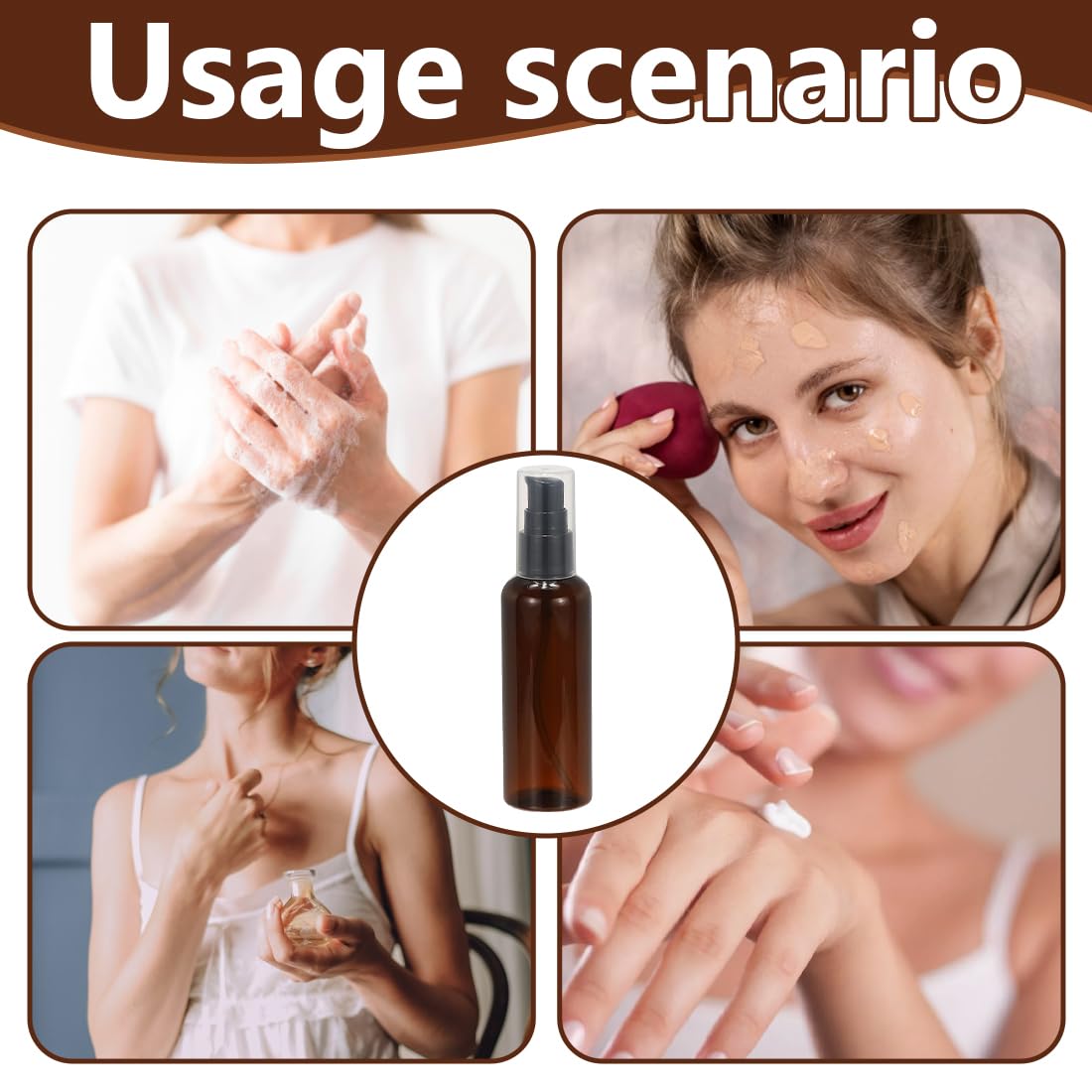 IKOPFLN 6 botellas vacías de vidrio marrón con bomba negra para aceite esencial, viaje, crema y loción