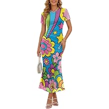 POLERO Womens Summer Floral Short Sleeve Bodycon Maxi Dress Casual Wedding Guest Cocktail Long Dresses
