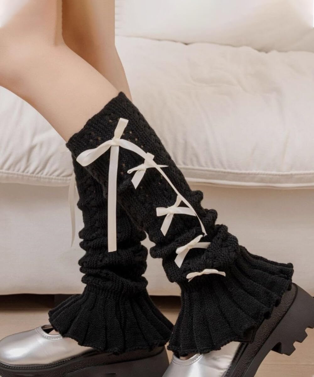 Leoparts Women's Knitted Leg Warmers Bow Flared Ruffle Trim Knee High Leg Sleeve Socks Lace-up Leg Cover for Teen Girls - Image 2