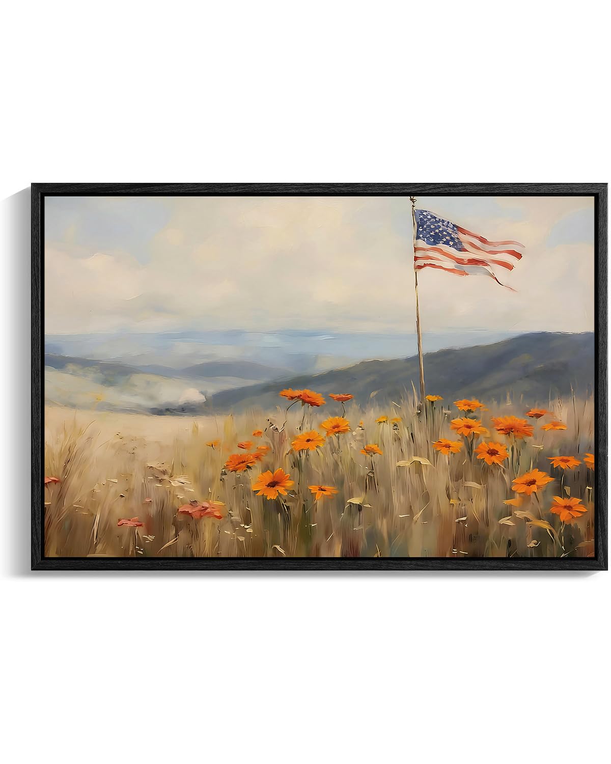 American Flag Framed Canvas Wall Art, 4th of July Floral Canvas Prints